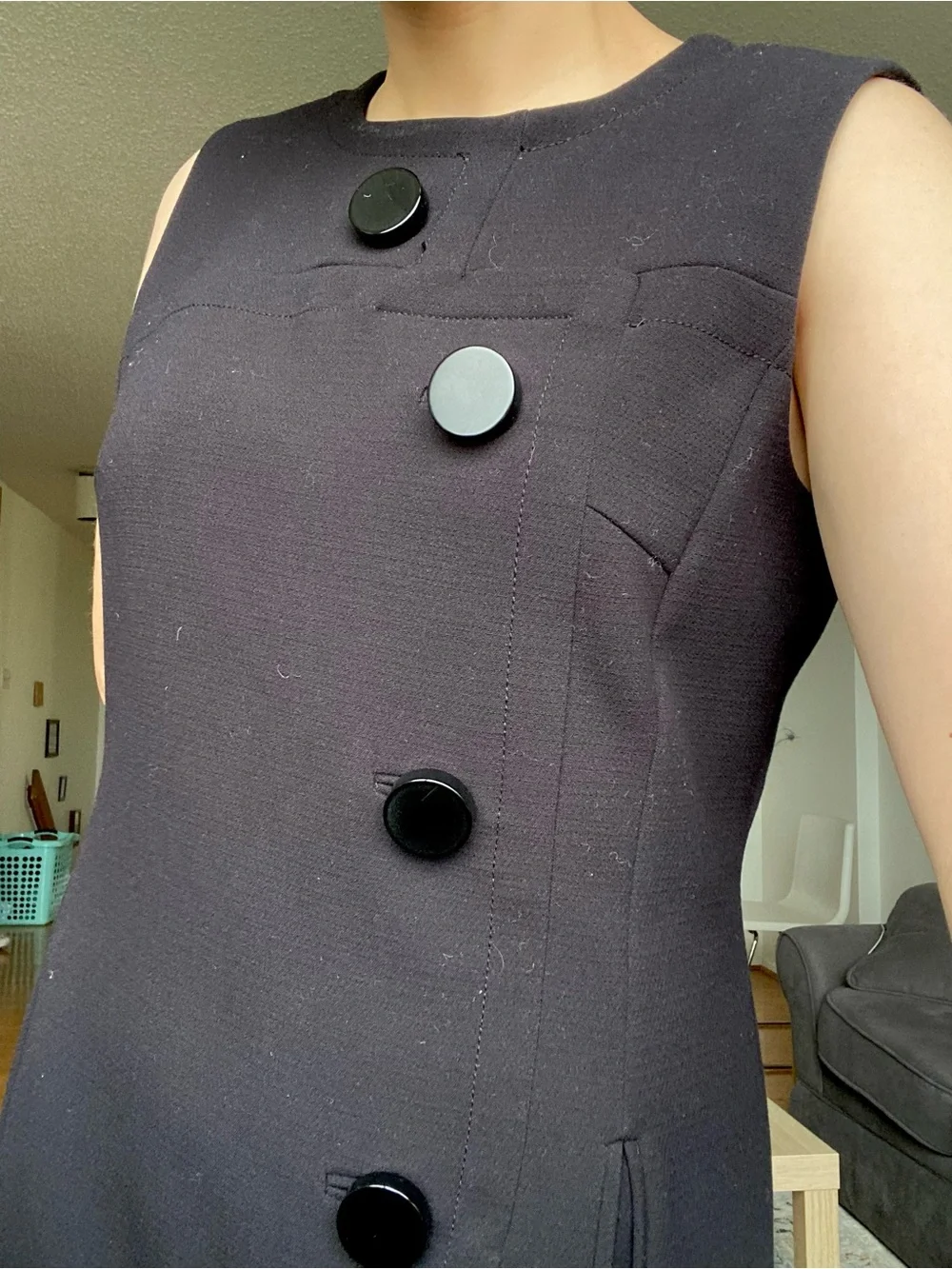 Michael Kors Black Sleeveless Shift Dress with Large Button Details